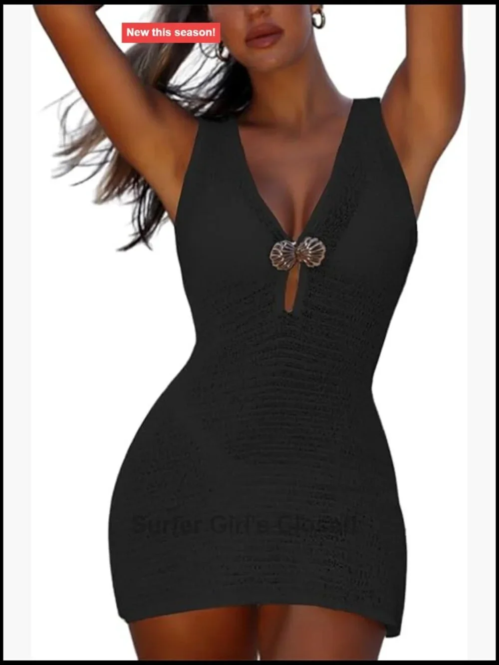 Sleeveless Knit Hollow Out Crochet Cover Up Dress Deep V Neck Beach Vacation